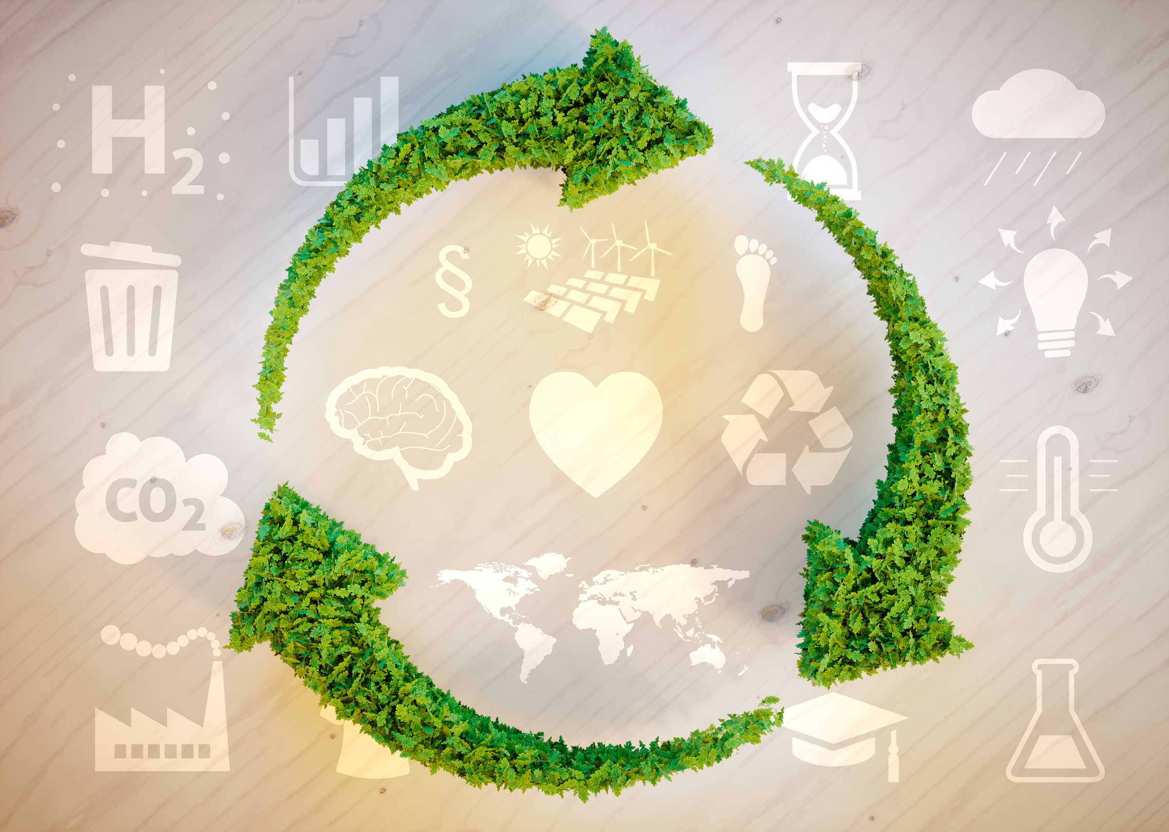 Illustration of recycling process showing icons for carbon dioxide, hydrogen, light etc