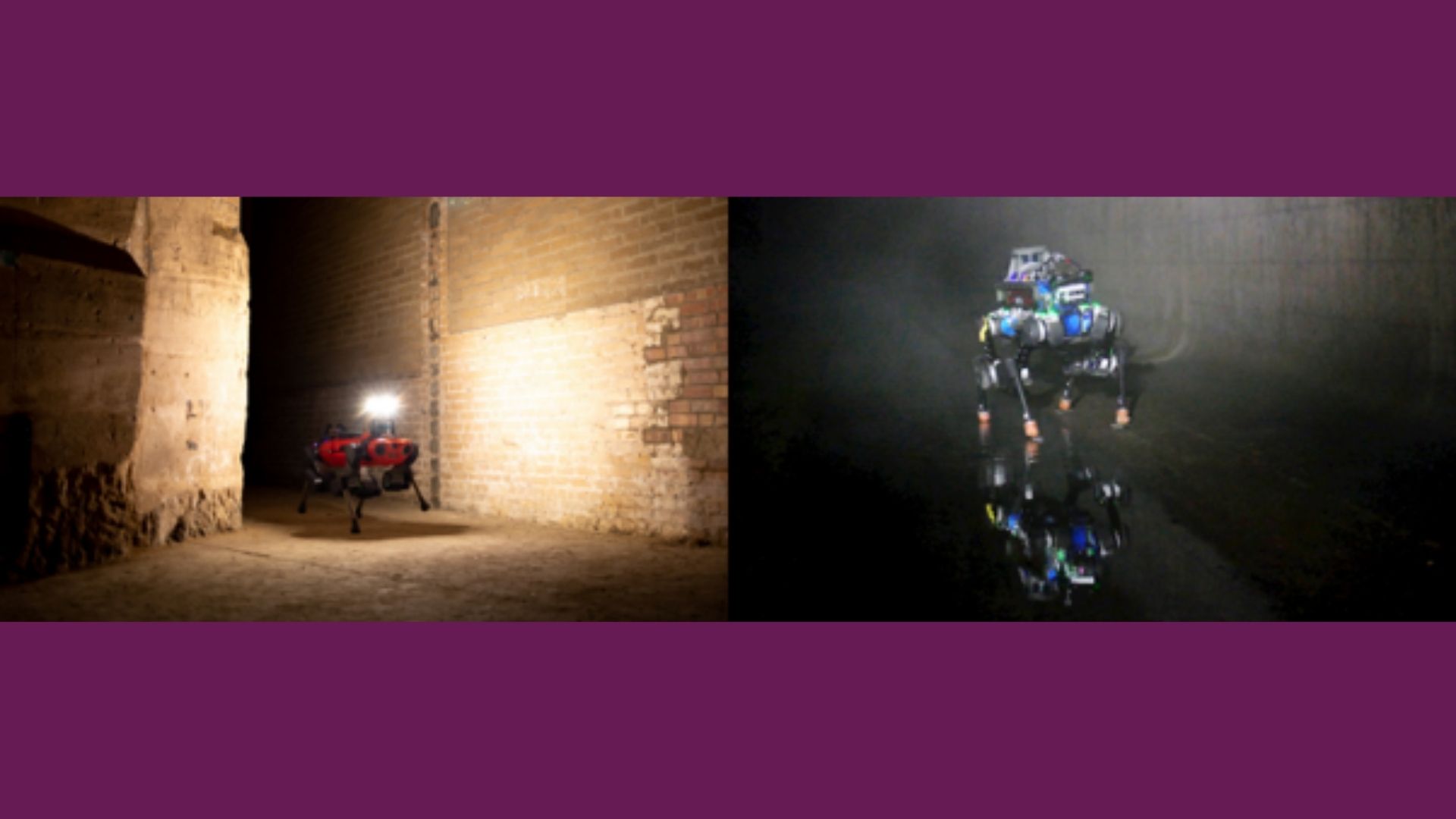 Left: ANYmal C robot exploring a limestone mine in the UK. Right: ANYmal B robot inspecting a sewer in Switzerland.