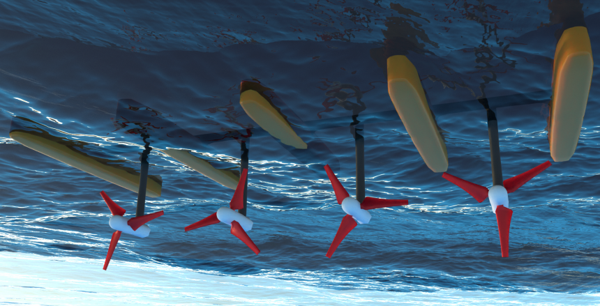 A graphic which shows a Tidal Energy system with turbines in a body of water