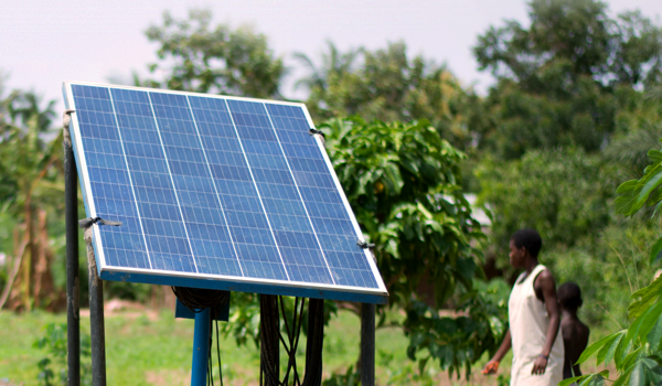 Photograph showing solar PV panel used in an agricultural context (e.g. for irrigation)