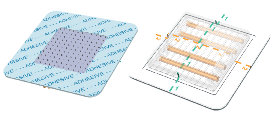 Snapvaccine diagram showing components used in glow sticks, snap mechanism and contained mixing system, with microneedles to deliver the vaccine via a stick-on patch