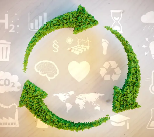Illustration of recycling process showing icons for carbon dioxide, hydrogen, light etc