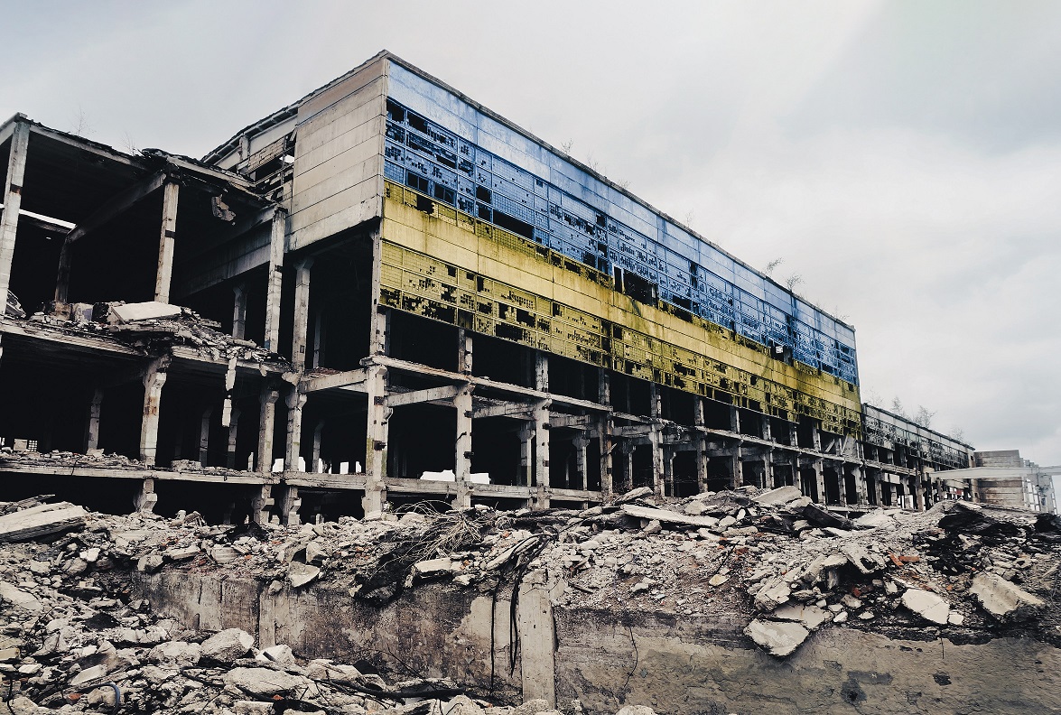 Stock image of the destruction after the war in Ukraine showing rubble caused by shelling by artillery shells and air strikes 