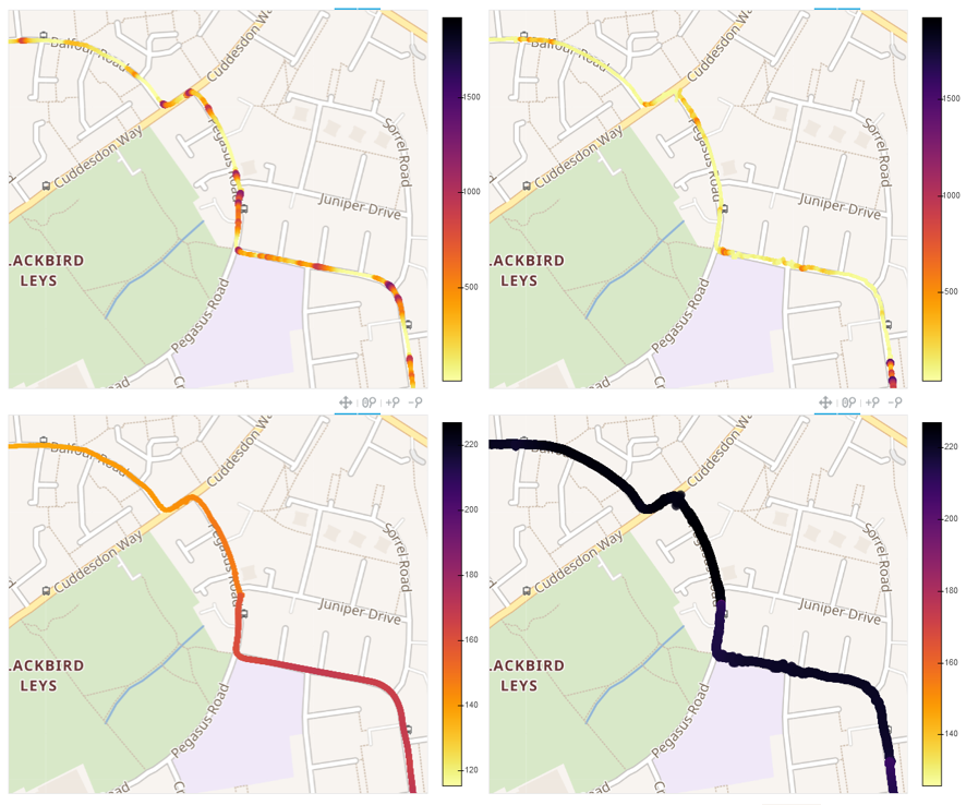 4 maps of Blackbird Leys with different information overlaid on one main road