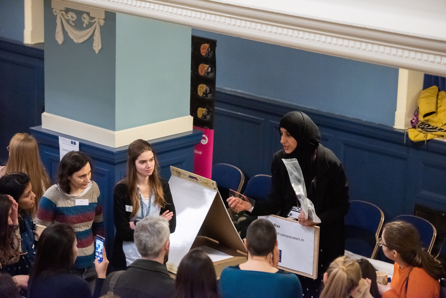 DPhil student Amna Riaz talks to a room full of people at Women in STEM event at Oxford Town Hall, January 2020.