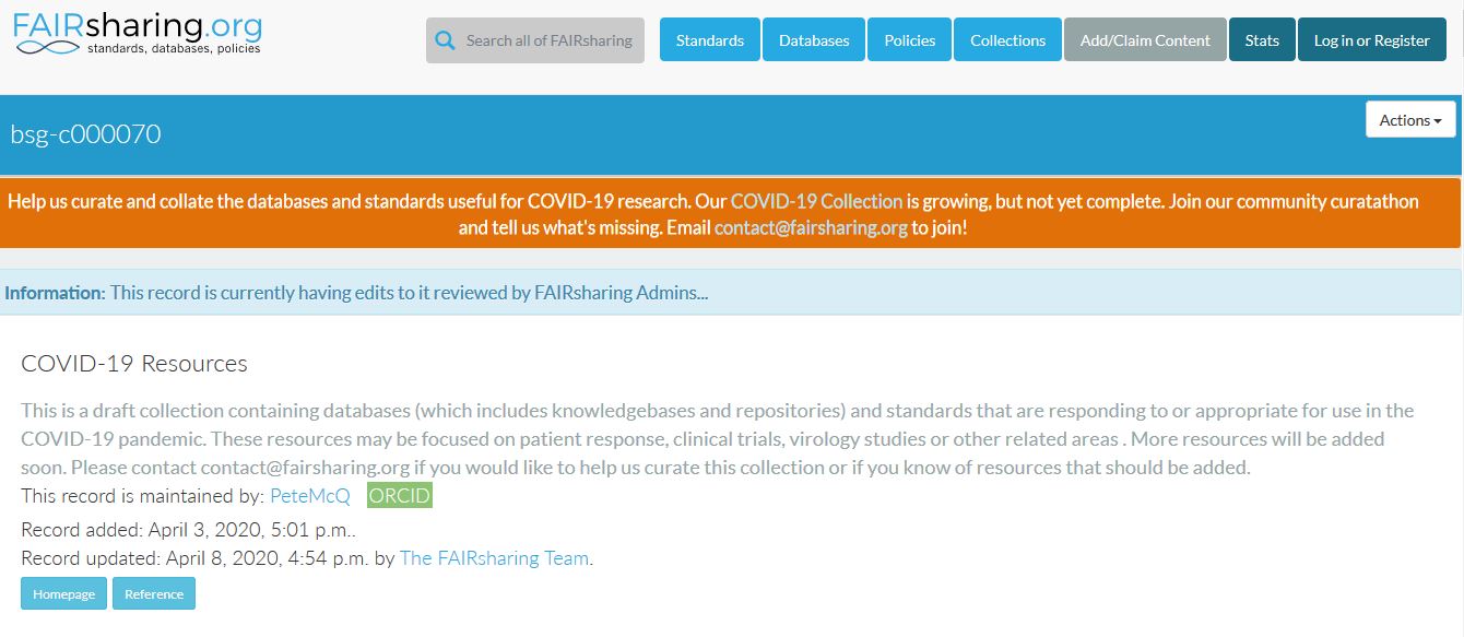 FAIRsharing.org COVID-19 resource website page