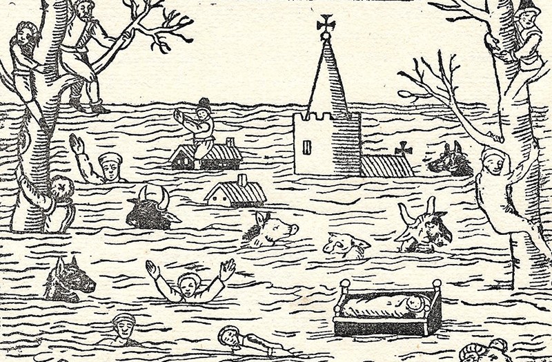 Woodblock showing people and animals in river flood, with church partially submerged and some people clinging on to trees