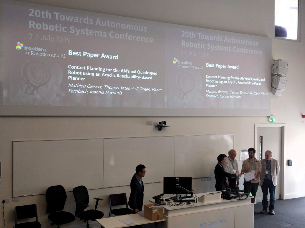 Dr. Mathieu Geisert Awarded Best Paper at TAROS 2019, giving presentation