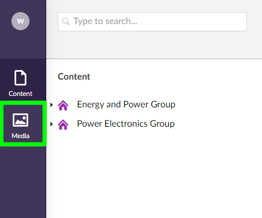 Screenshot indicating where the link to the Media library is within the Umbraco CMS Administration system