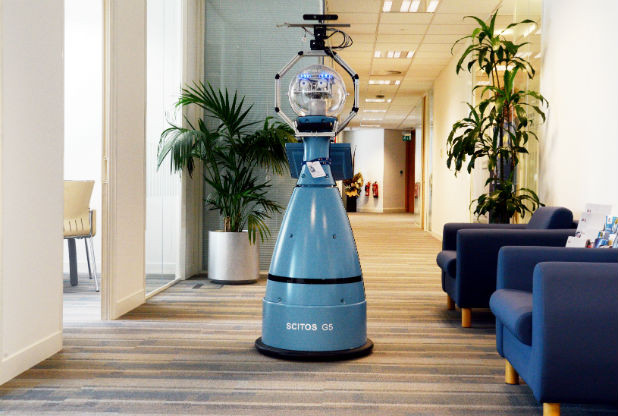 A robot called Bob in an office corridor