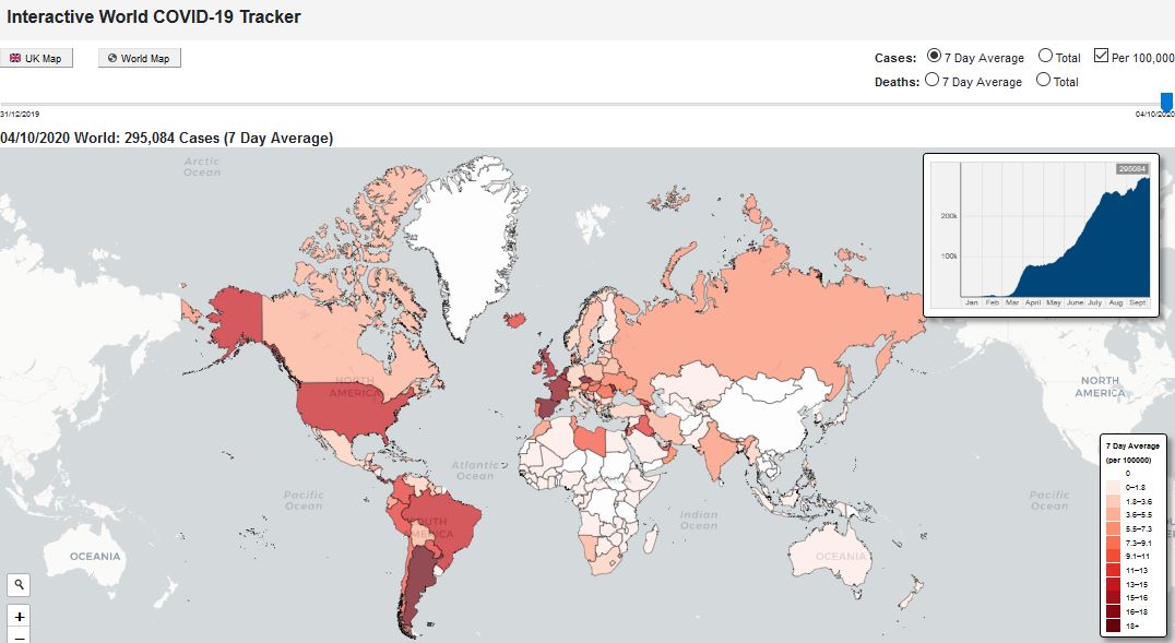 Covid19 Tracker showing world map of cases in last 7 days 