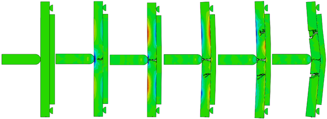 A simulation of a high speed projectile impact into model composite armour.