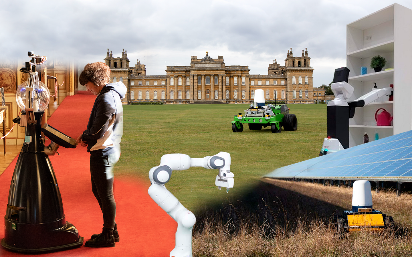 combined image with Betty robot, robot arm, Hulk robot driving through grass at Blenheim palace and jackal at solar farm.