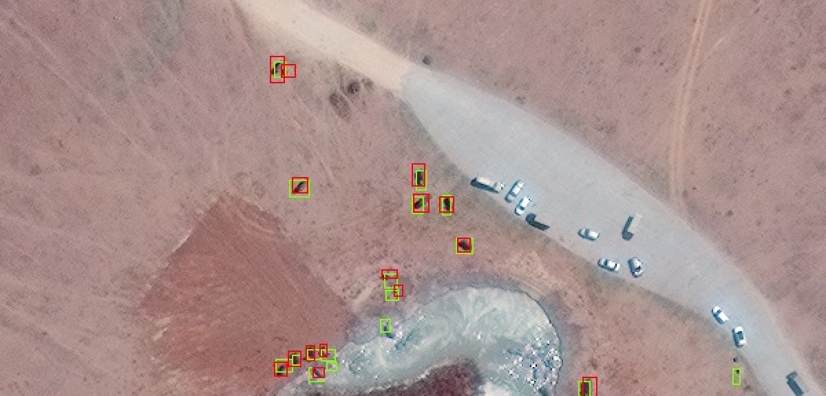 Example of CNN detections in Maasai Mara, Kenya from Geoeye‐1 Satellite, with CNN detections (green boxes) and ground truth labels (red boxes). Satellite image (c)2020 Maxar Technologies