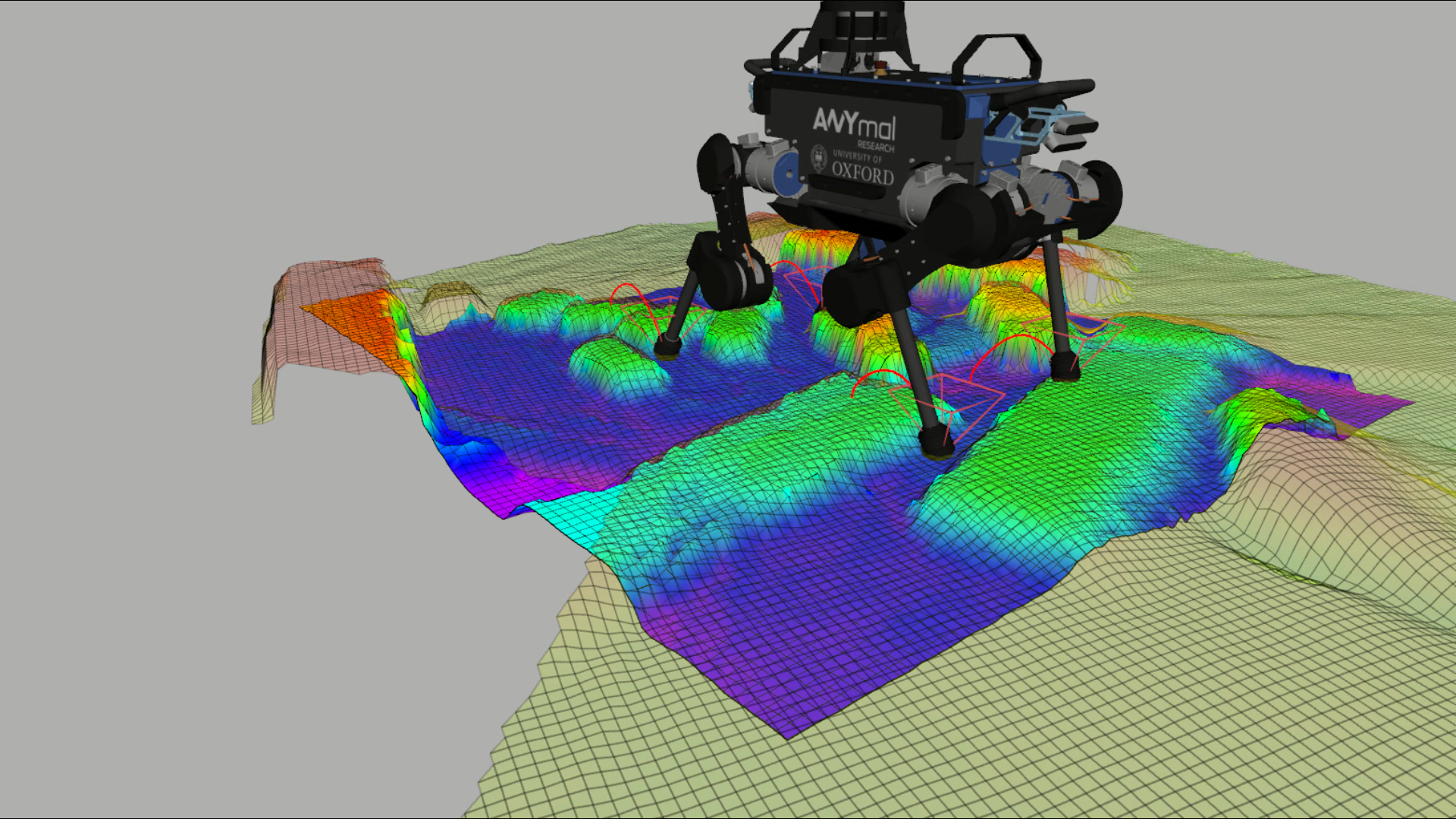 robot dog standing on 3D land model