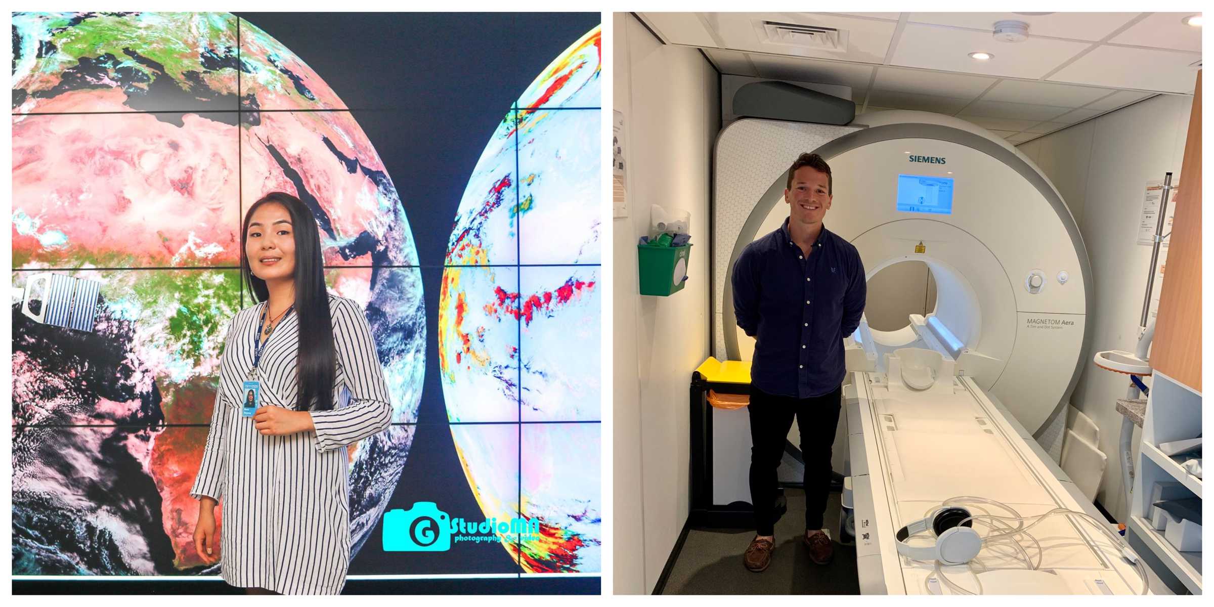 Maral Bayaraa against a background of satellite images and Tom Waddell next to an MRI scanner