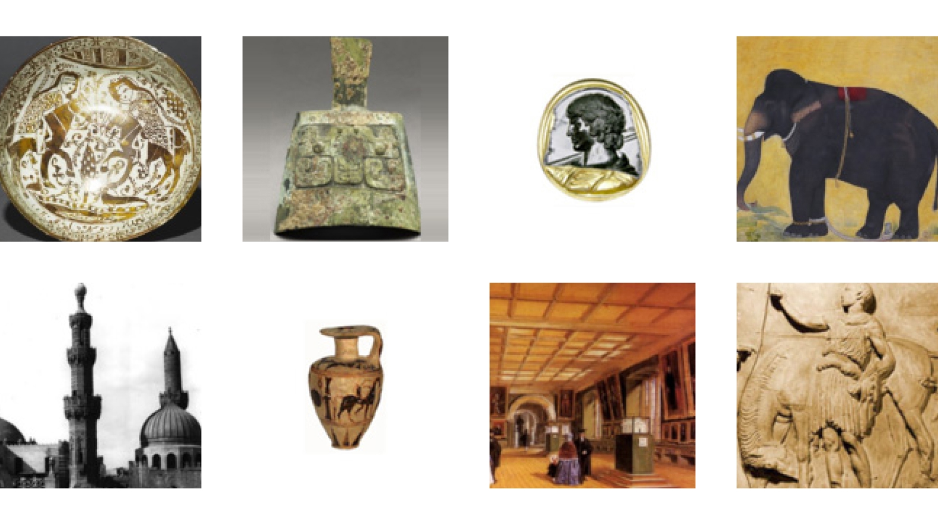 Collage of different museum objects - vase, painting, plate etc