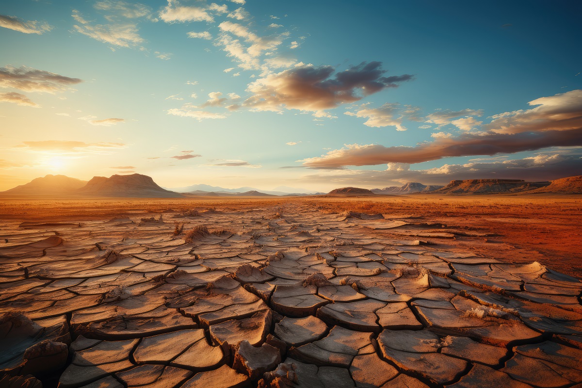 A wide angle view of a dry desert 