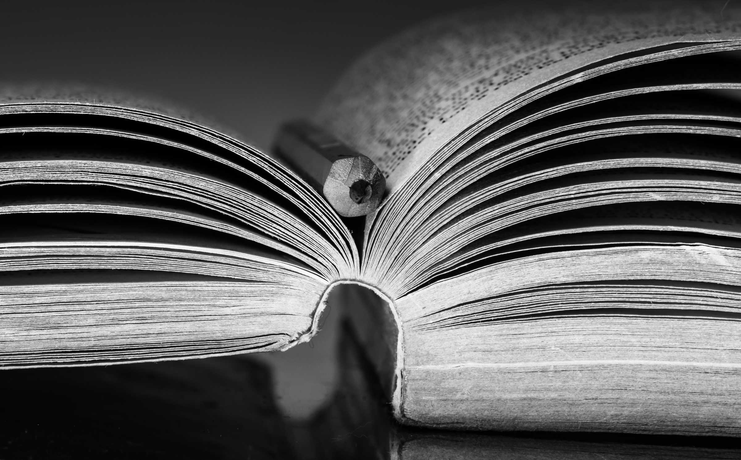  A close up of an open book with a pen resting in the middle along the spine