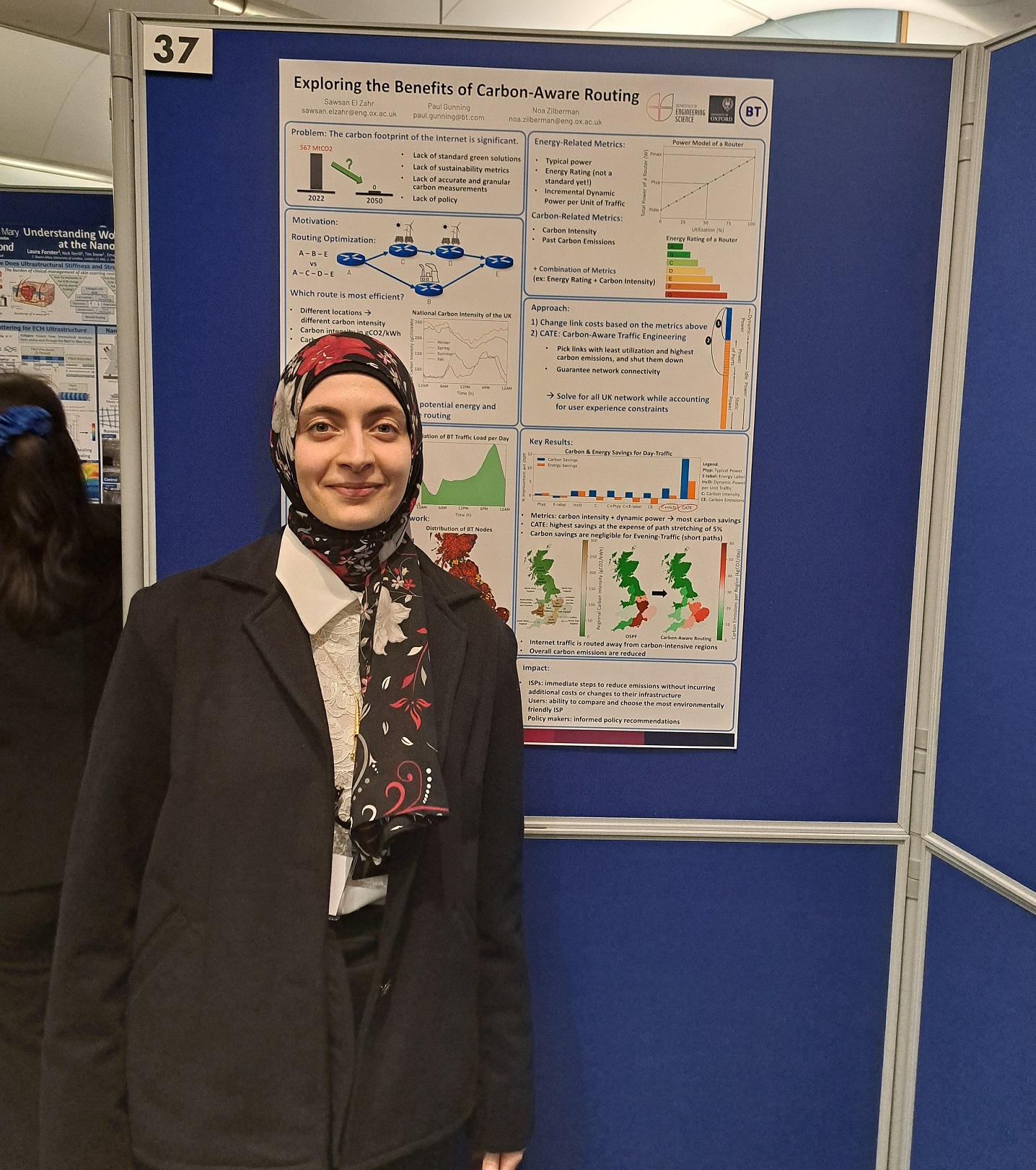 Sawsan El Zahr (Somerville College), of Oxford’s Department of Engineering Science, won first prize in the Dyson Sustainability Award for her poster, Exploring the benefits of carbon-aware routing