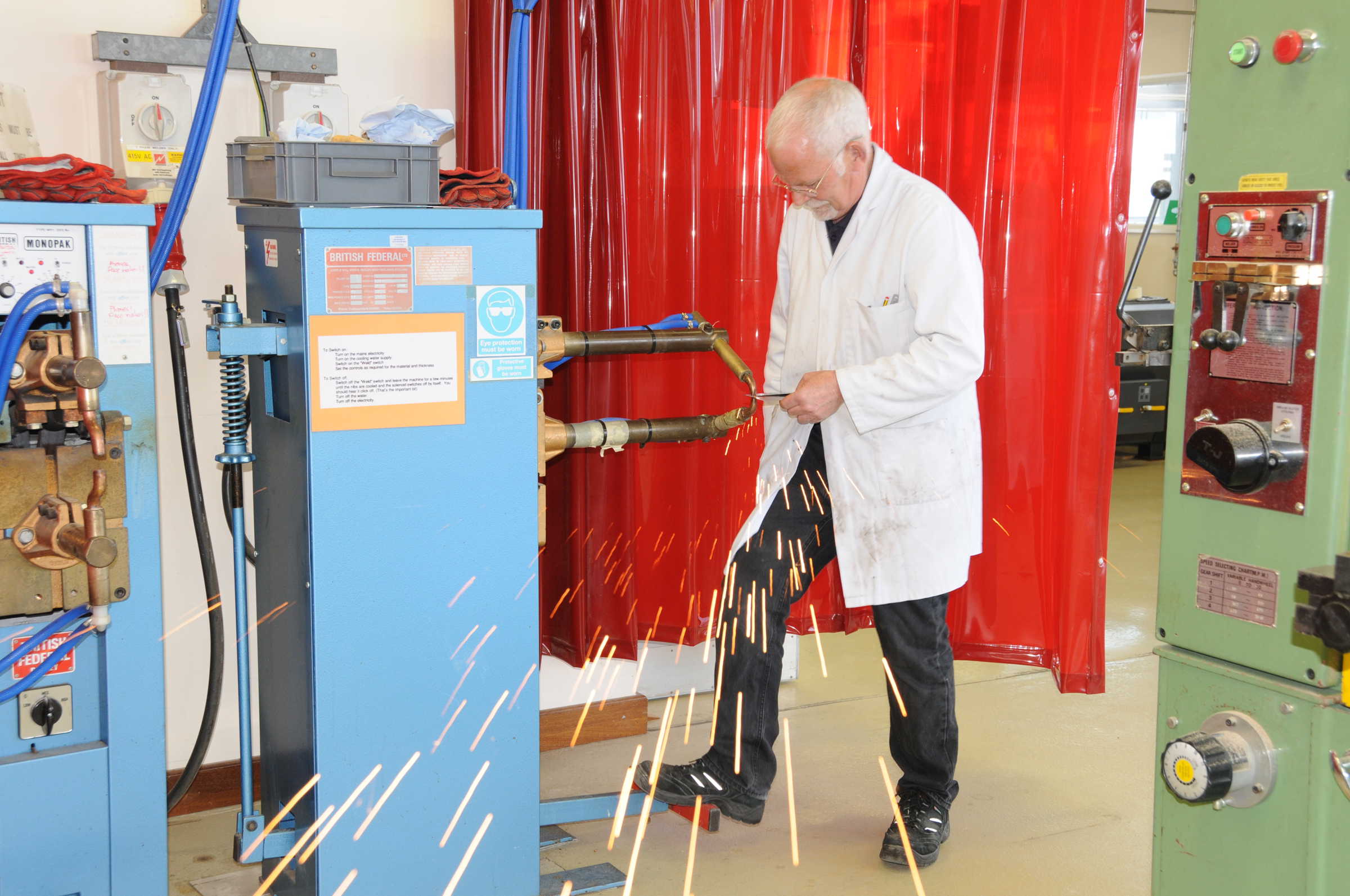 Maurice Keeble-Smith spot-welding in a 2nd year student lab in 2015
