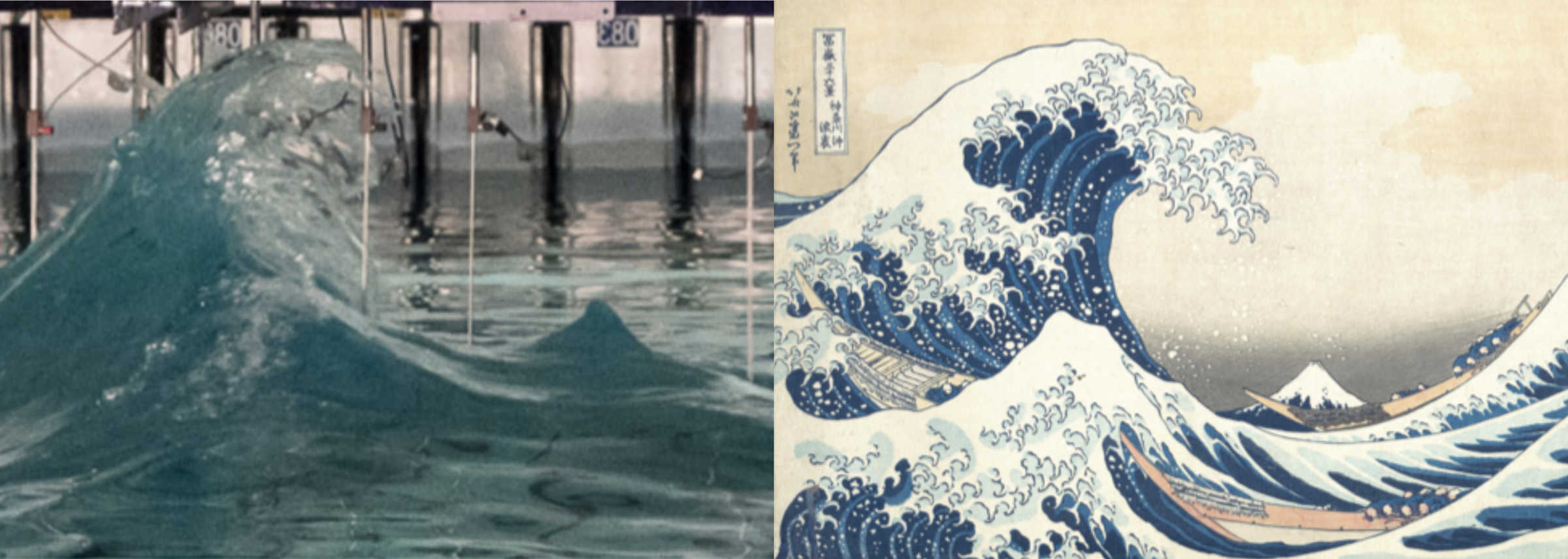 Great wave of Kanagawa artwork and recreated wave in lab