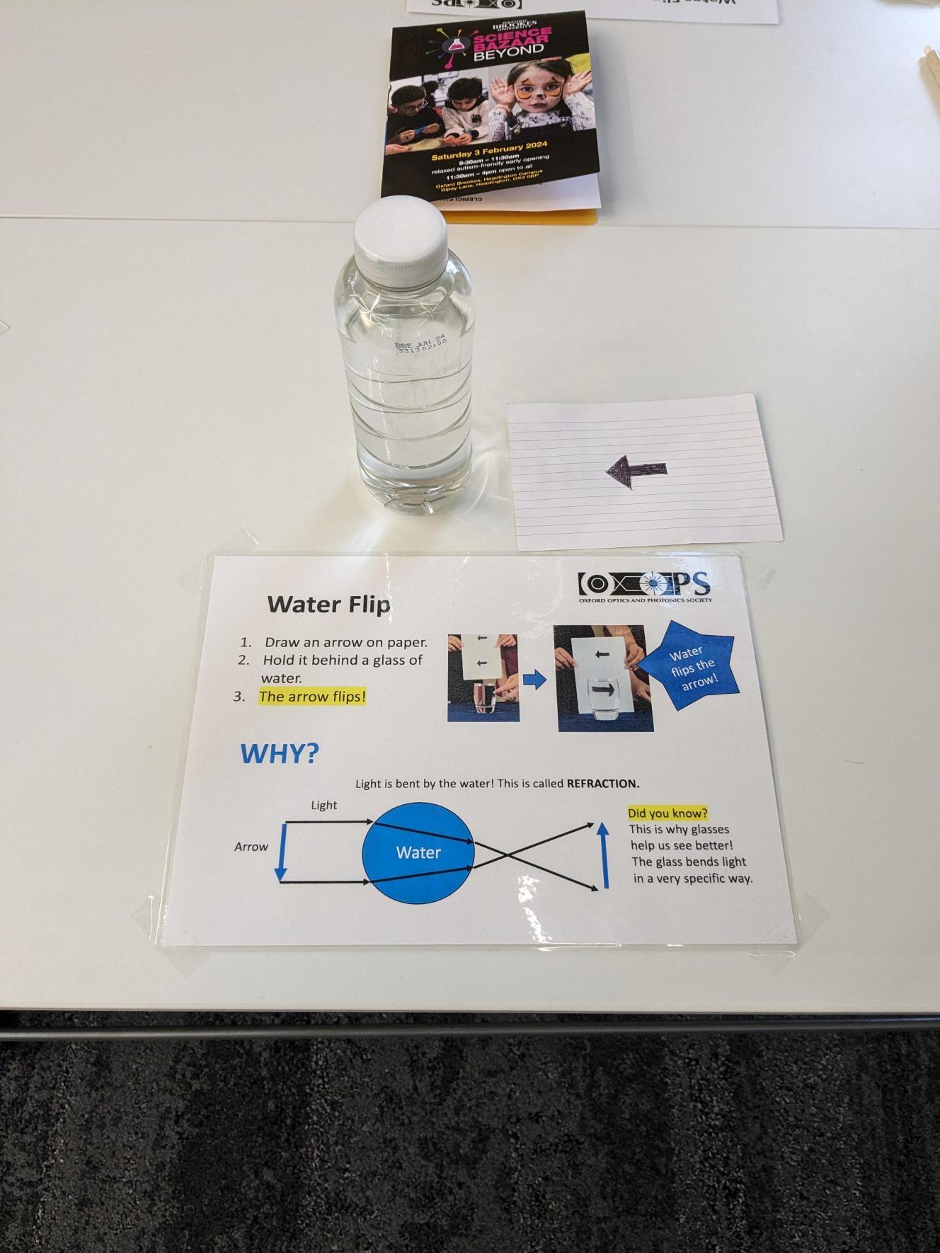 Water flip exercise at Oxford Brookes Science Bazaar to demonstrate refraction