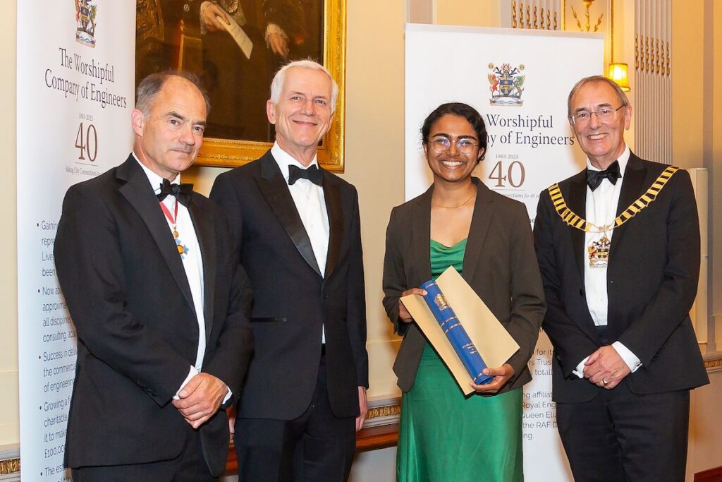 (left to right): Warren East - former CEO of Rolls-Royce presenting the award, Giles Keating - Chair of Tech4All Award sponsor, Gayatri, Raymond Joyce - Master of the Worshipful Company of Engineers (WCE), Award co-sponsor