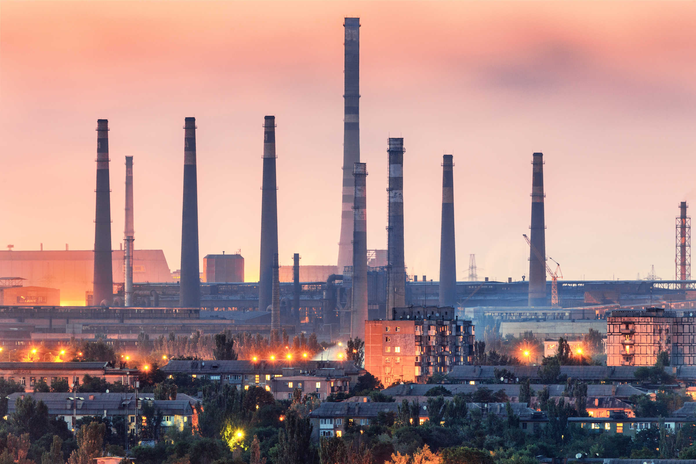 Steel plant at sunset in Mariupol, Ukraine before the war