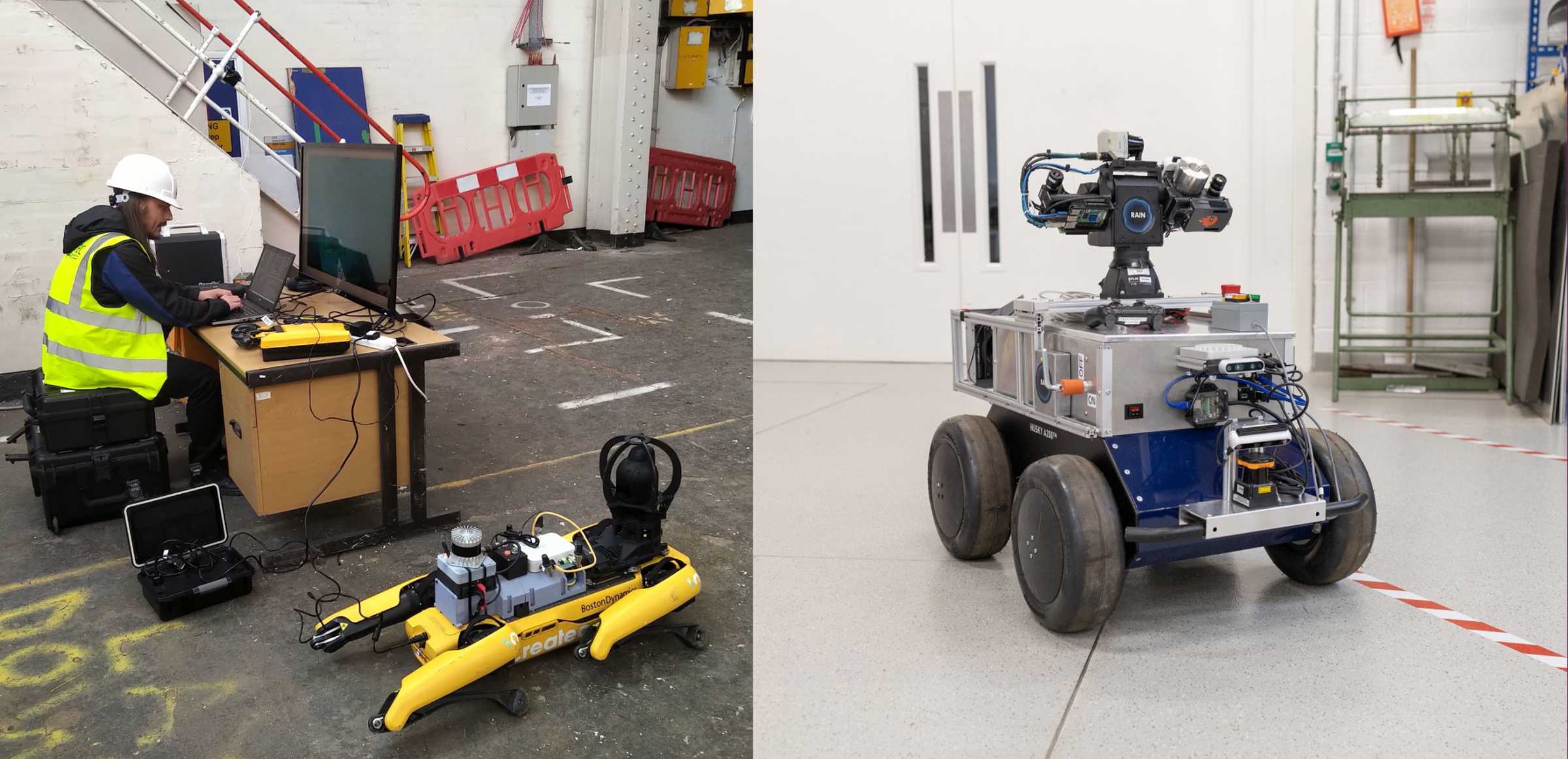 A horizontal collage of two photos. The photos of are of two robots used by the Oxford Robotics Institute: on the left is a walking robot - Spot, with a man at the controls, on the right is a photo of a small wheeled robot.