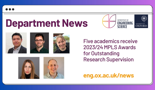 Winners of the MPLS Outstanding Research Supervision Awards 2023/24: Clockwise from top left: Professor Alfonso Castrejon-Pita, Professor Harrison Steel, Professor Noa Zilberman, Professor Robert Carlisle, Professor Perla Maiolino