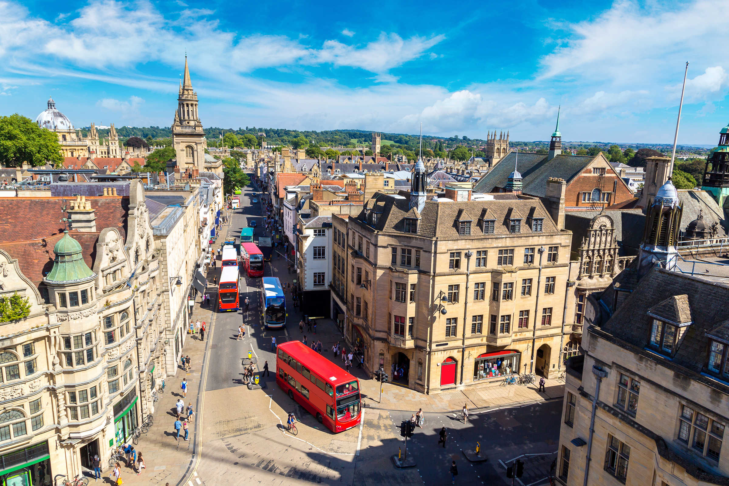 View of Oxford from the air showing vehicles on the High Street