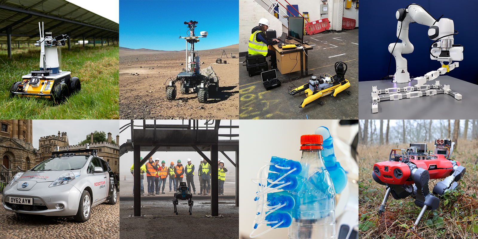A collage of 8 images laid out in a 2 x 4, horizontal, grid. Each image is one of the robots the Oxford Robotics Institute (ORI) has either made or uses.